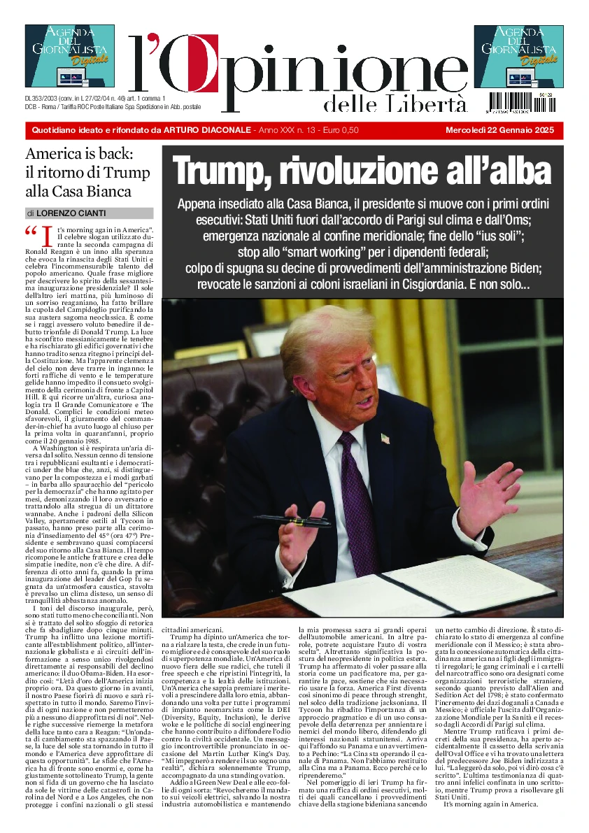 Prima-pagina-opinione della liberta-edizione-di-oggi-2025-01-22